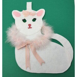 Vintage 1960s Handmade Felt Christmas Stocking Kitten Cat Feathers Pink Ribbon